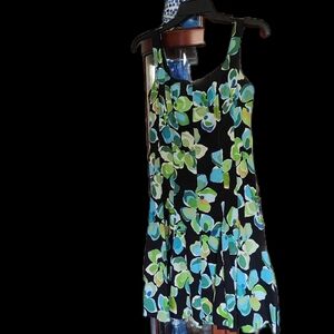 Floral Black Sleeveless A-Line Dress with Blue & Green Print